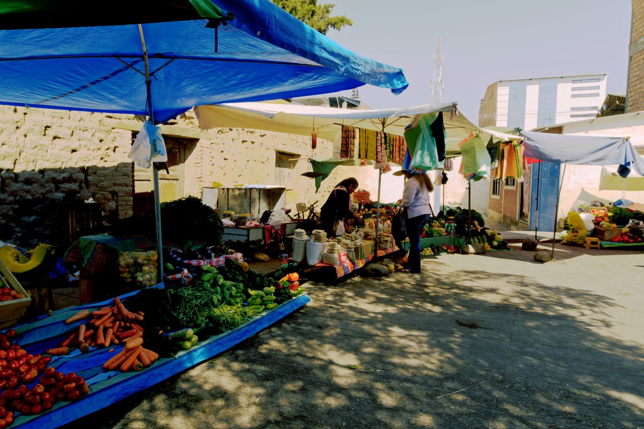 Puesto de verduras en un mercado del valle de Cochabamba, con canastas de hortalizas frescas